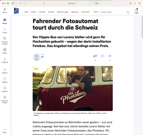20min berichtet über Fotoautomat Photobus Schweiz im Jahr 2017