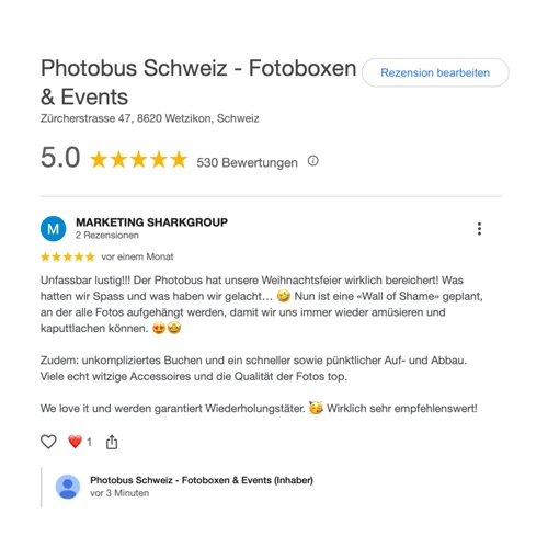 positive Google Bewertung von einem Kunde welcher ein Firmenevent mit Photobus Schweiz als Fotobox-partner durchgeführt hat.