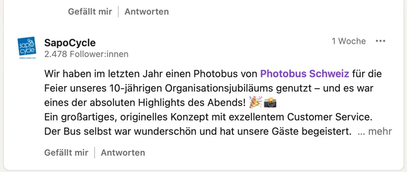Screenshot eines LinkedIn-Kommentars von SapoCycle an Photobus Schweiz: Lob für das originelle Fotobox-Konzept, exzellenten Customer Service und die Routine aus über 8.000 Events.