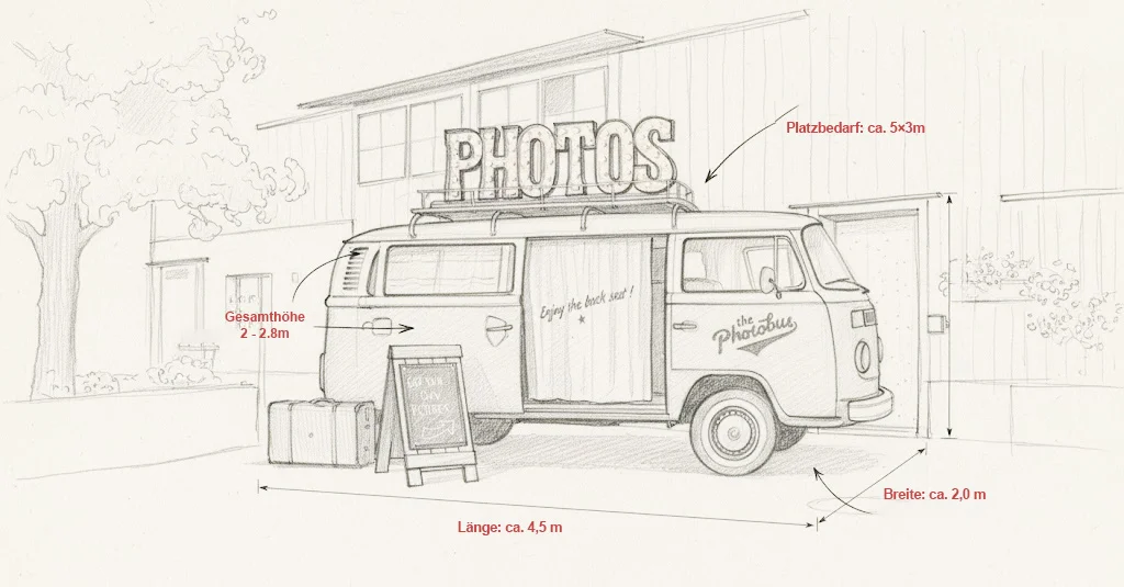 Technische Skizze eines VW T2 Photobus mit Massen fĂŒr die Event-Planung: LĂ€nge 4,5m, Höhe 2,8m (mit Leuchtschrift), Platzbedarf 5x3m.