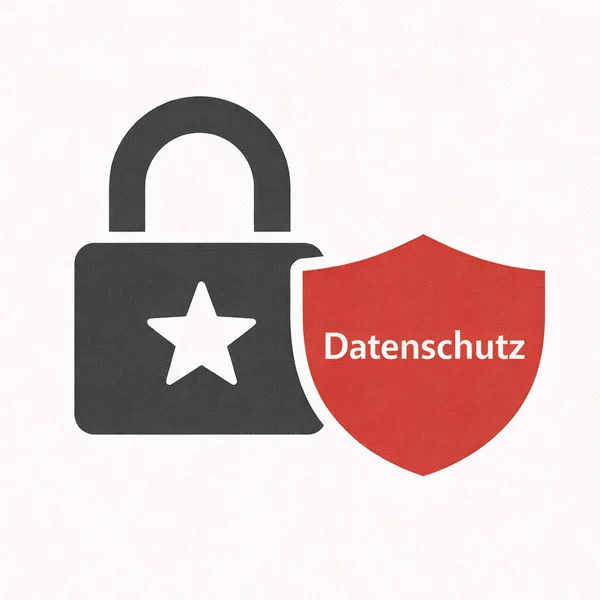 Illustriertes Schloss-Icon mit Stern und rotem Schutzschild mit der Aufschrift Datenschutz für Photobus Schweiz Fotobox-Planung.
