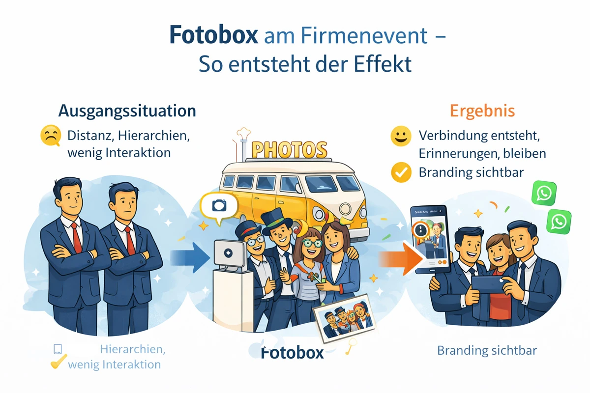 Infografik: Fotobox am Firmenevent, von Distanz und Hierarchien über den gemeinsamen Fotobox-Moment zu Verbindung, Erinnerungen und sichtbarem Branding